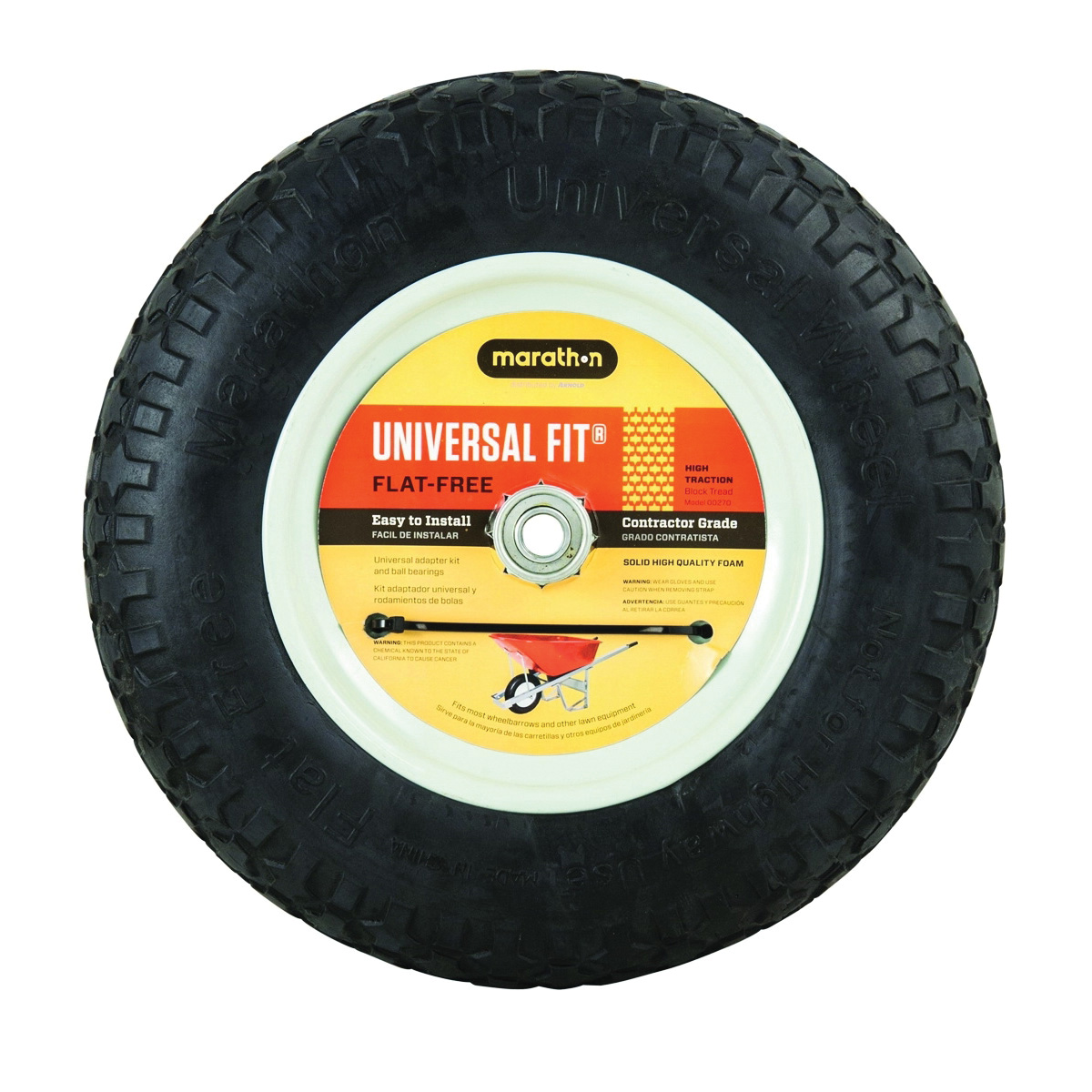 Arnold 00270 Wheelbarrow Wheel, 14-1/2 in Dia Tire, Knobby Tread, Polyurethane Tire - 2