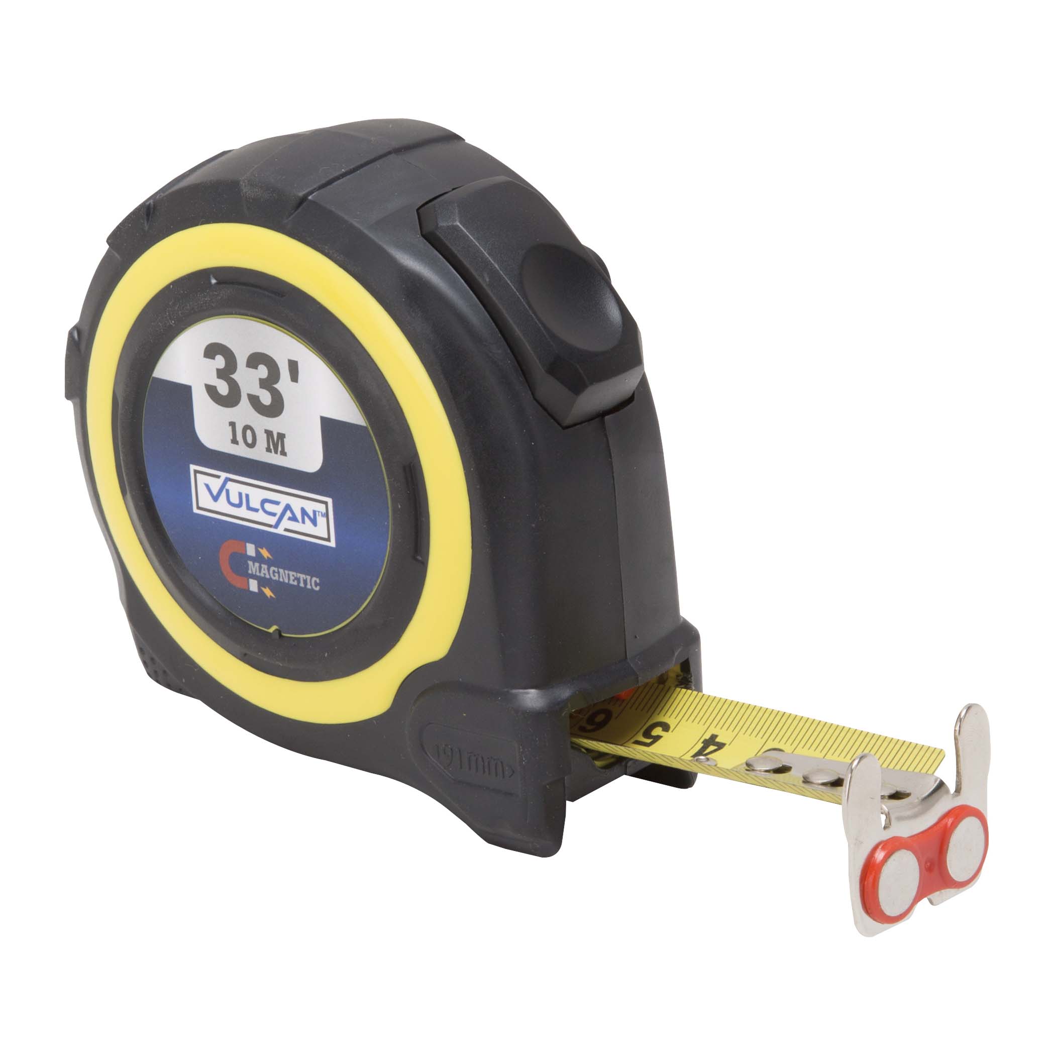 Vulcan 58-10X25-A Tape Measure, 33 ft L Blade, 1 in W Blade, Steel Blade, ABS Plastic Case, Yellow Case