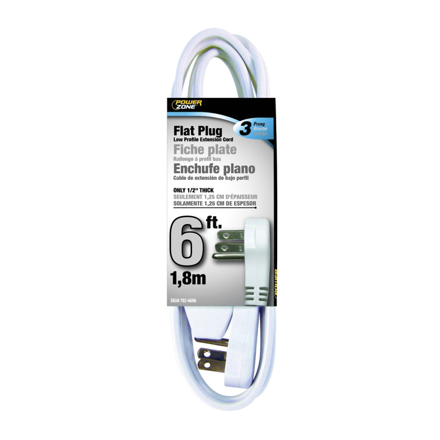 PowerZone Extension Cord, 16 AWG Cable, 6 ft L, 13 A, 125 V, White, Flat Plug
