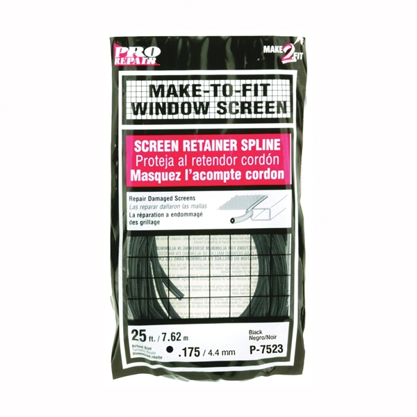Make-2-Fit P 7523 Screen Retainer Spline, 0.175 in D, 25 ft L, Vinyl, Black, Round