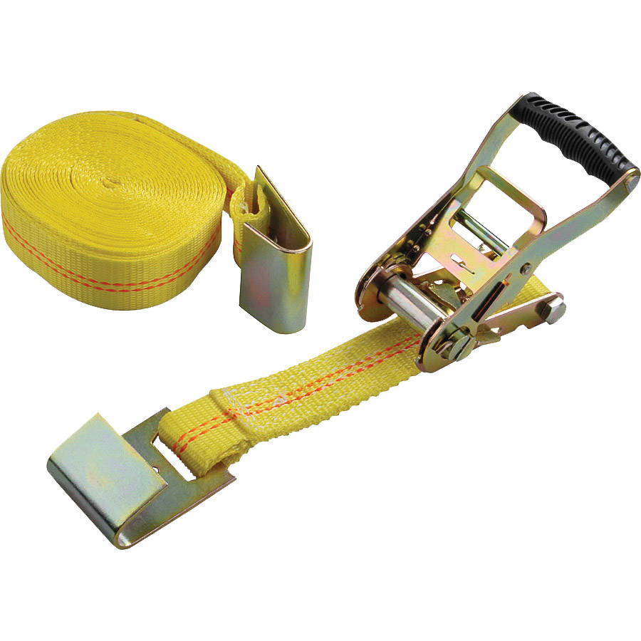 ProSource FH64065 Tie-Down, 2 in W, 27 ft L, Polyester Webbing, Metal Ratchet, Yellow, 3333 lb, Flat Hook End Fitting