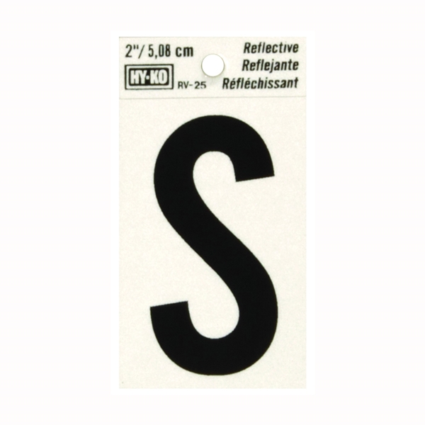 RV-25/S Reflective Letter, 1-1/2 in W x 3 in H Dimensions, Character: S, 2 in H Character, Black Character, Vinyl