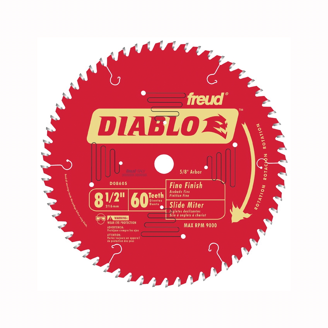 D0860S Circular Saw Blade, 8-1/2 in Dia, 5/8 in Arbor, 60-Teeth, Carbide Cutting Edge