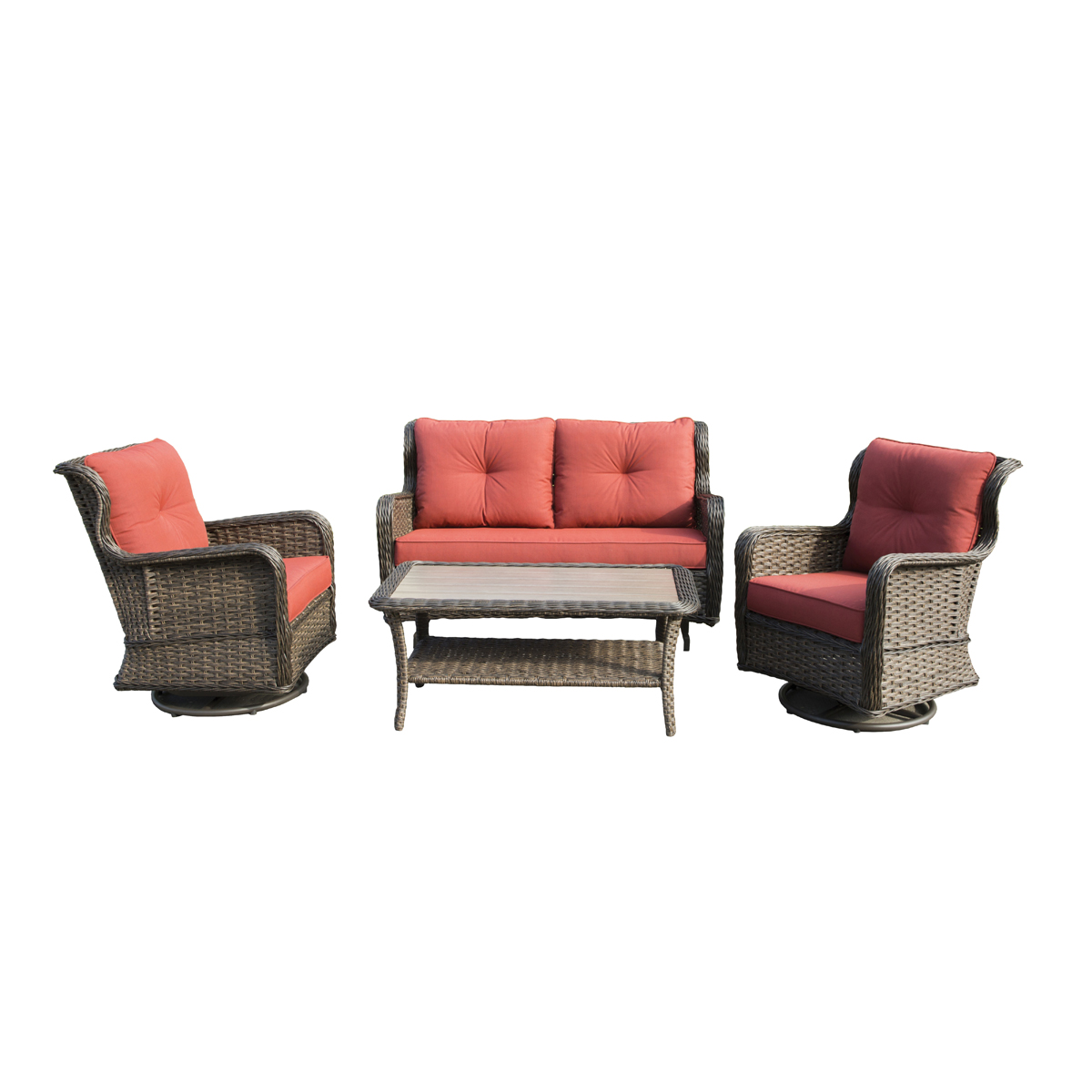 MS21001-1 Woodbury Deep Seating Set, Aluminum and All Weather Wicker, Orange/Red, Four-Piece
