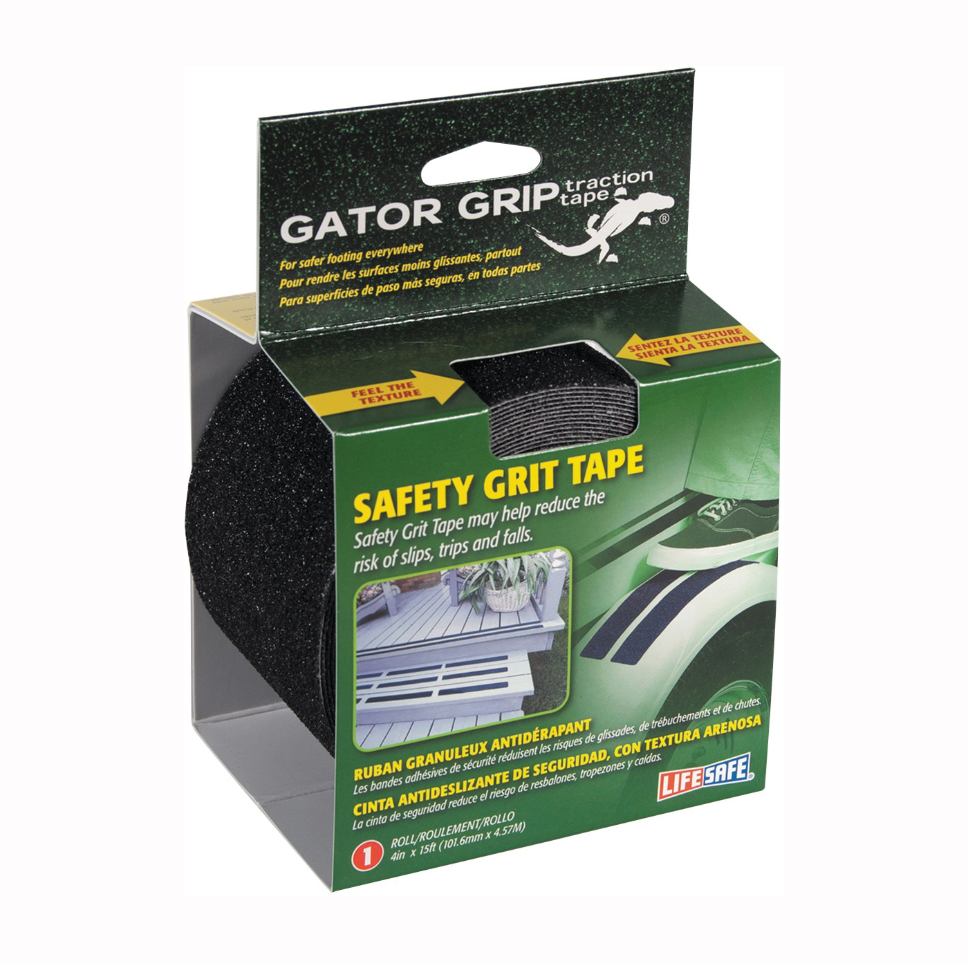 Gator Grip RE3952 Safety Grit Tape, 15 ft L, 4 in W, PVC Backing, Black