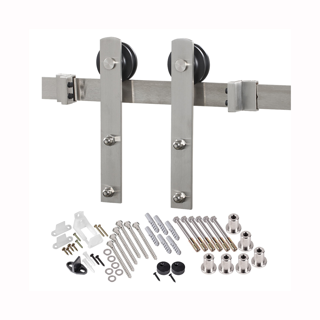 BD100K-09600-SS Straight Strap Barn Door Hardware Kit, 96 in L Track, Steel, Stainless Steel, Wall