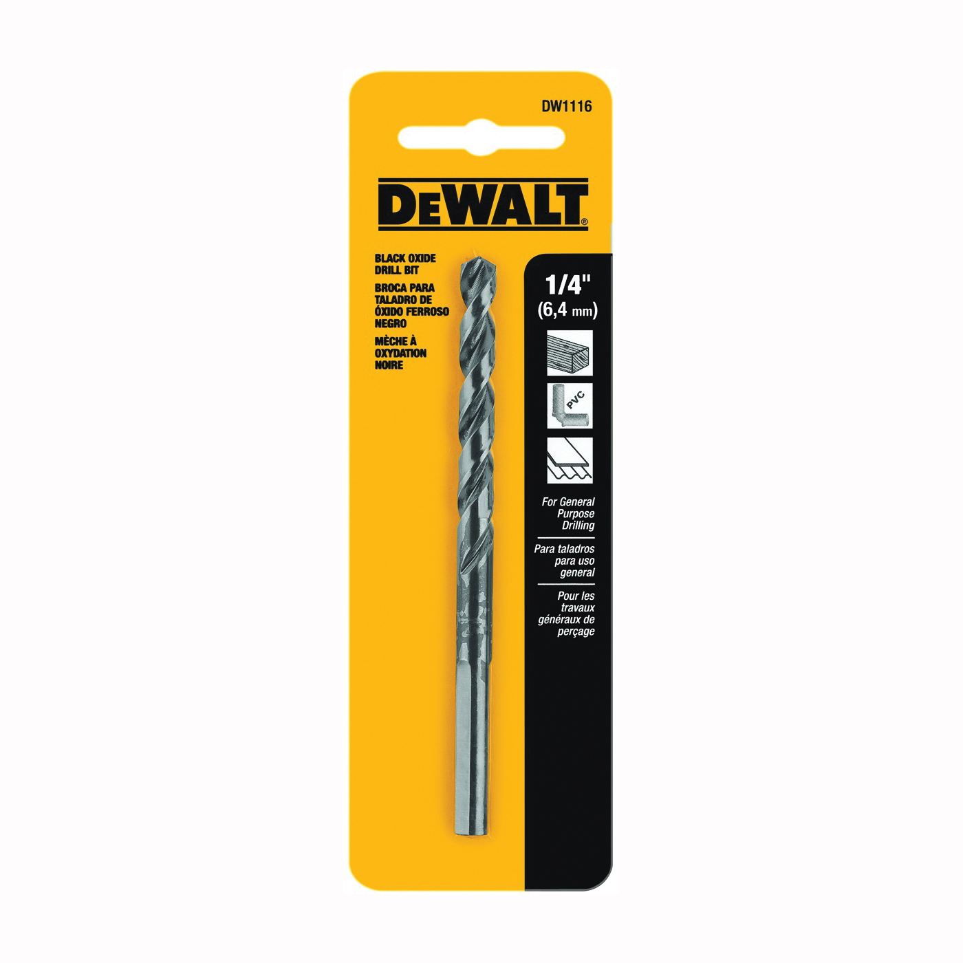 DEWALT DW1116 Jobber Drill Bit, 1/4 in Dia, 4 in OAL, Parabolic Flute, 1/4 in Dia Shank, Round Shank - 1