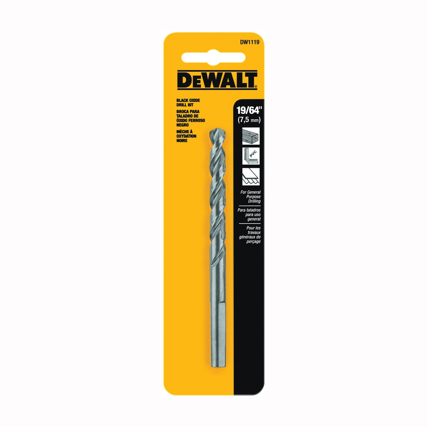 DEWALT DW1119 Jobber Drill Bit, 19/64 in Dia, 4.38 in OAL, Parabolic Flute, 19/64 in Dia Shank, Round Shank - 1