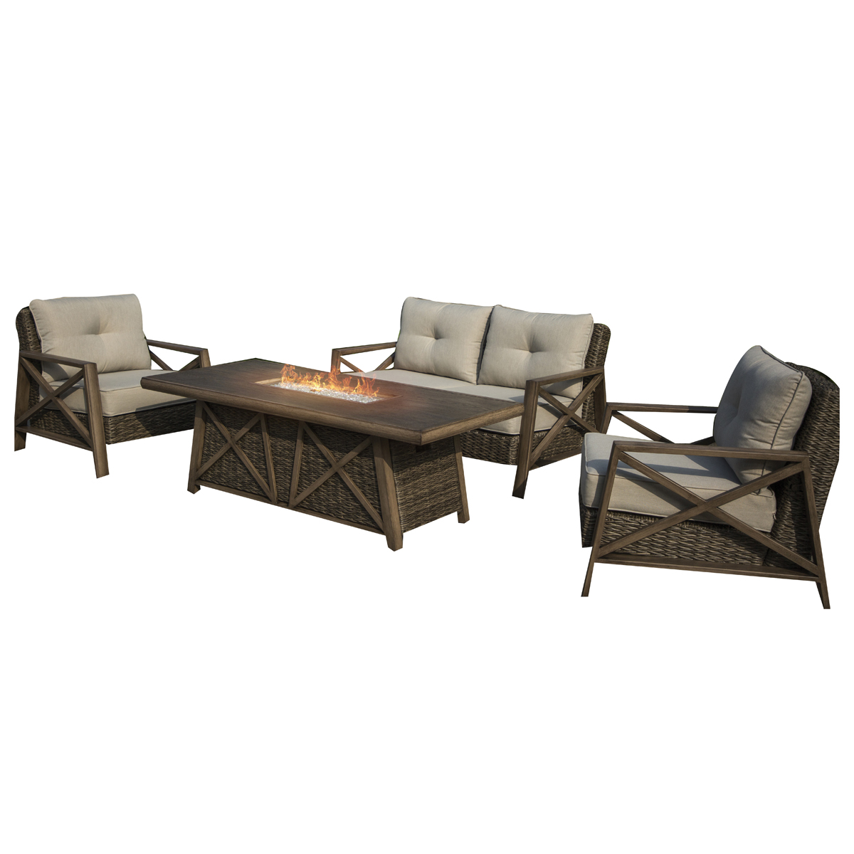 MS22002 Yukon Deep Seating Fire Pit Set with 72 in Table, Aluminum Frames with Woven Wicker