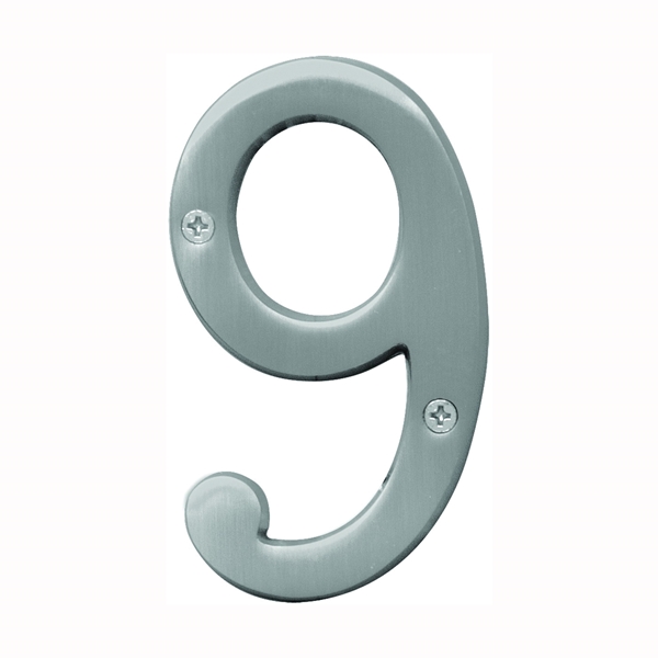Prestige Series BR-43SN/9 House Number, Character: 9, 4 in H Character, Nickel Character, Solid Brass