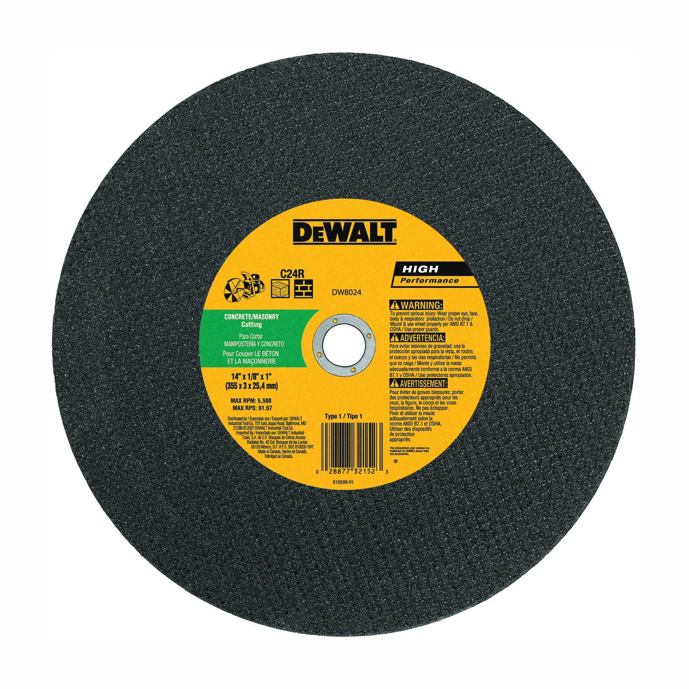 DW8024 Cutting Wheel, 14 in Dia, 1/8 in Thick, 1 in Arbor, Silicone Carbide Abrasive