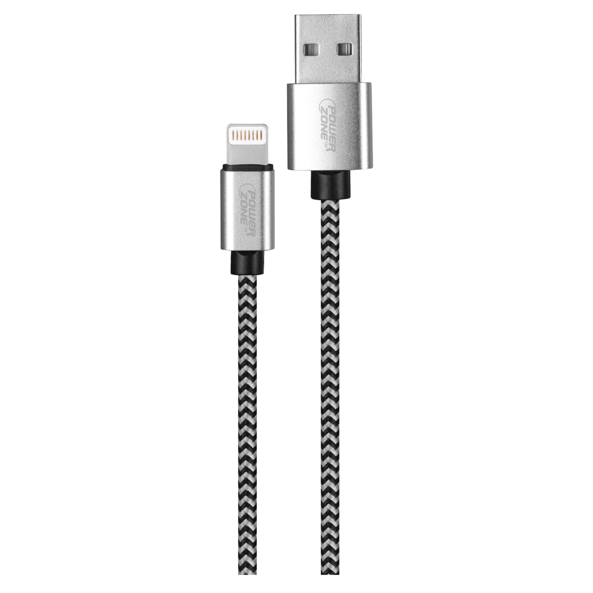 PowerZone KL-029X-1M-LIGHT Lightning Charging Cable, Lightning, USB, Black/White Sheath, 3 ft L