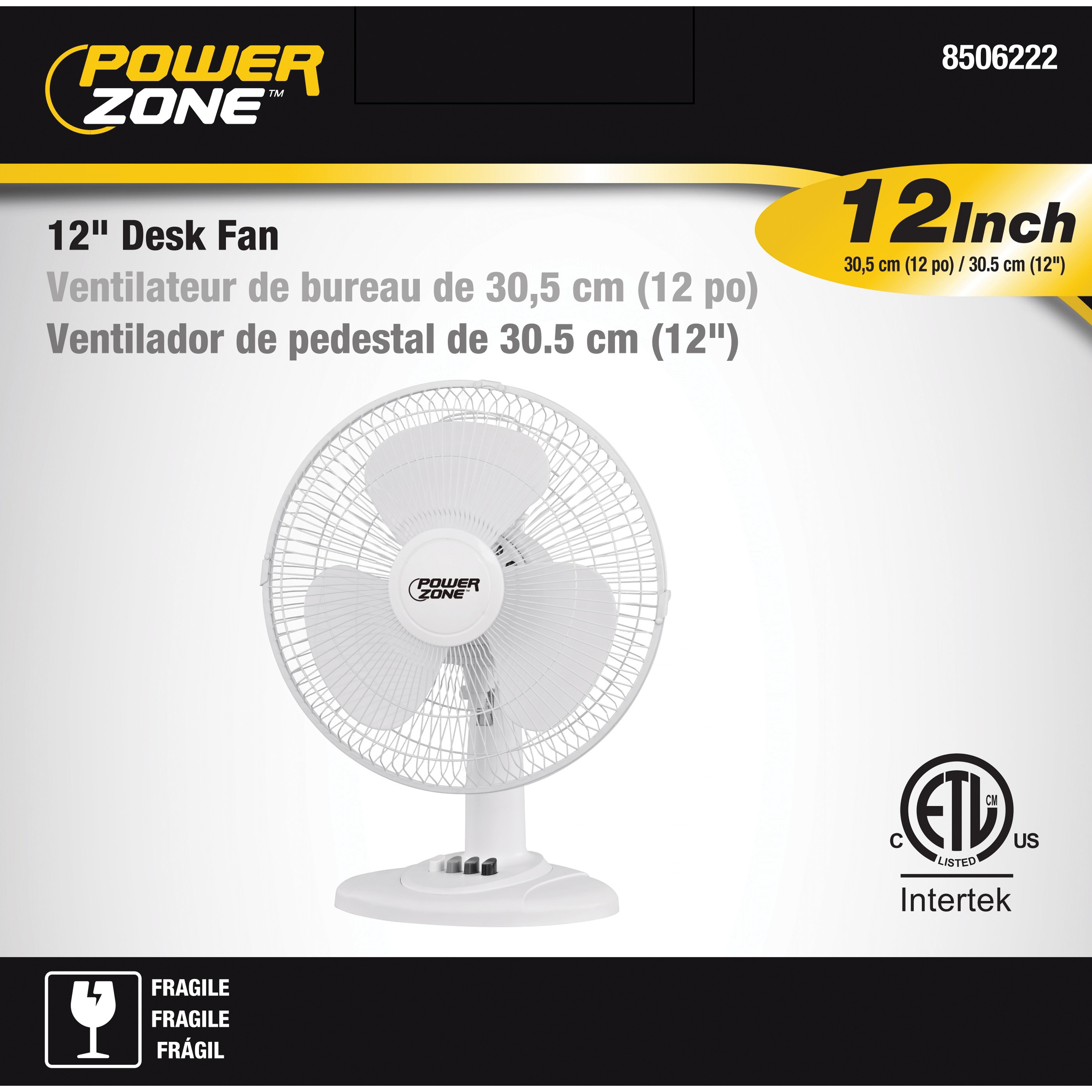 PowerZone FT-30 Oscillating Table Fan, 120 V, 12 in Dia Blade, 3-Blade, 3-Speed, 882 cfm Air, 72 in L Cord, White - 3