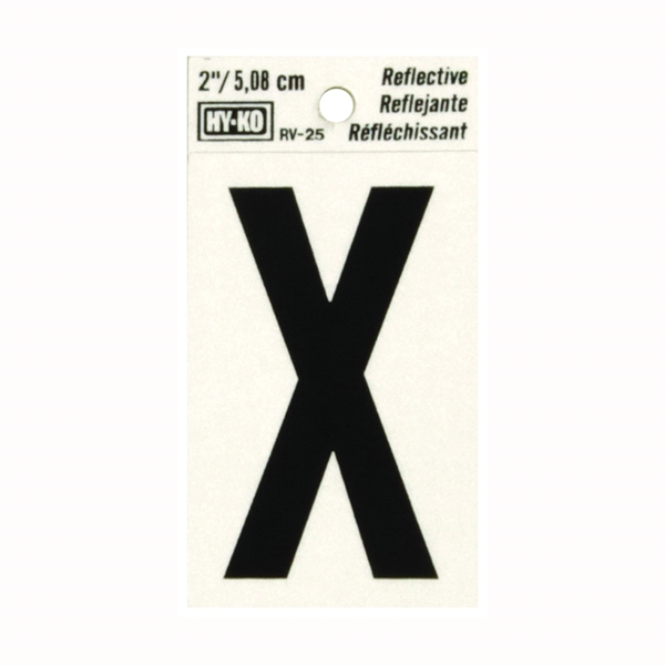 RV-25/X Reflective Letter, 1-1/2 in W x 3 in H Dimensions, Character: X, 2 in H Character, Black Character, Vinyl