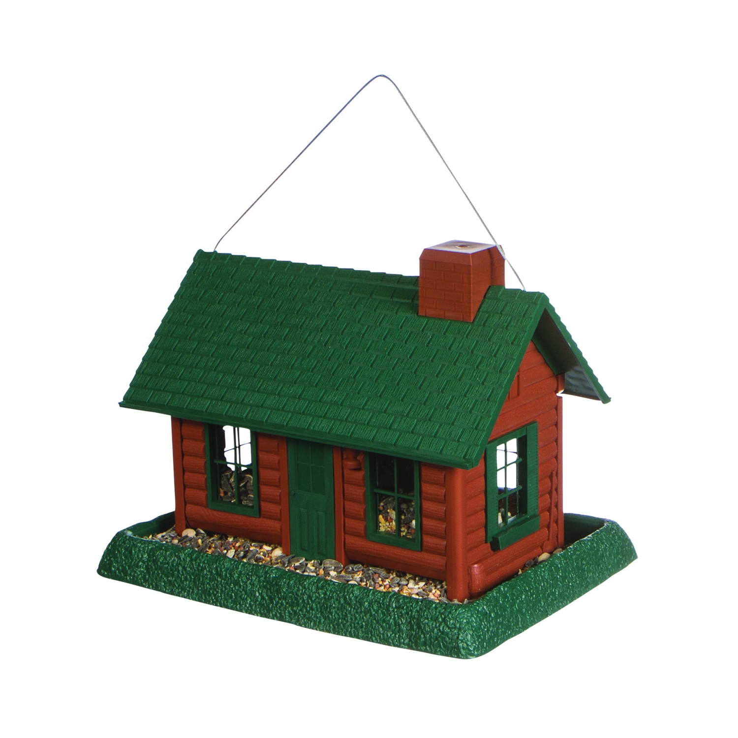 North States 9063 Hopper Bird Feeder, Log Cabin, 8 lb, Plastic, Green, 11 in H, Hanging/Pole Mounting - 1