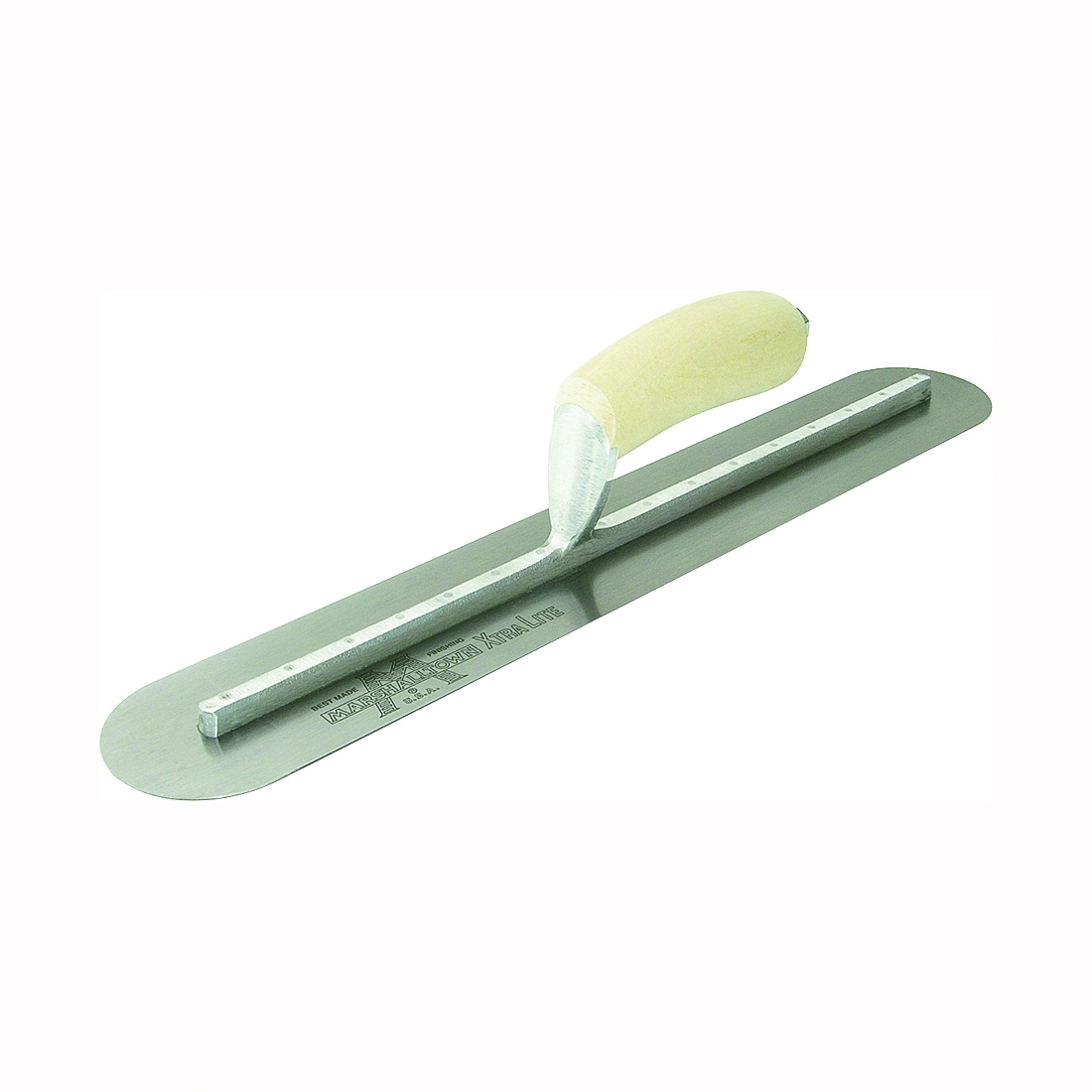 MXS20FR Finishing Trowel, 20 in L Blade, 4 in W Blade, Spring Steel Blade, Round End, Curved Handle