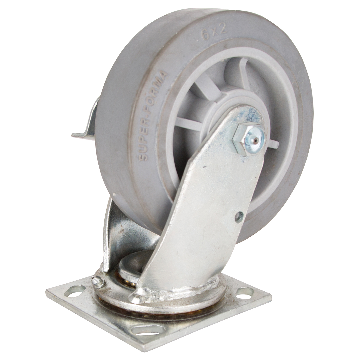 JC-T06 Swivel/Brake Caster, 6 in Dia Wheel, 2 in W Wheel, Thermoplastic Rubber Wheel, Gray, 500 lb