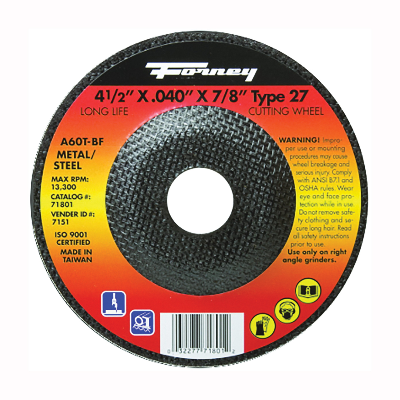 Forney 71801 Cut-Off Wheel, 4-1/2 in Dia, 0.04 in Thick, 7/8 in Arbor, 60 Grit, Medium, Aluminum Oxide Abrasive - 1
