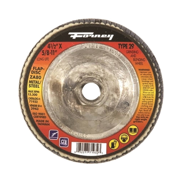 71933 Flap Disc, 4-1/2 in Dia, 5/8-11 Arbor, 120 Grit, Fine, Zirconia Aluminum Abrasive, Fiberglass Backing