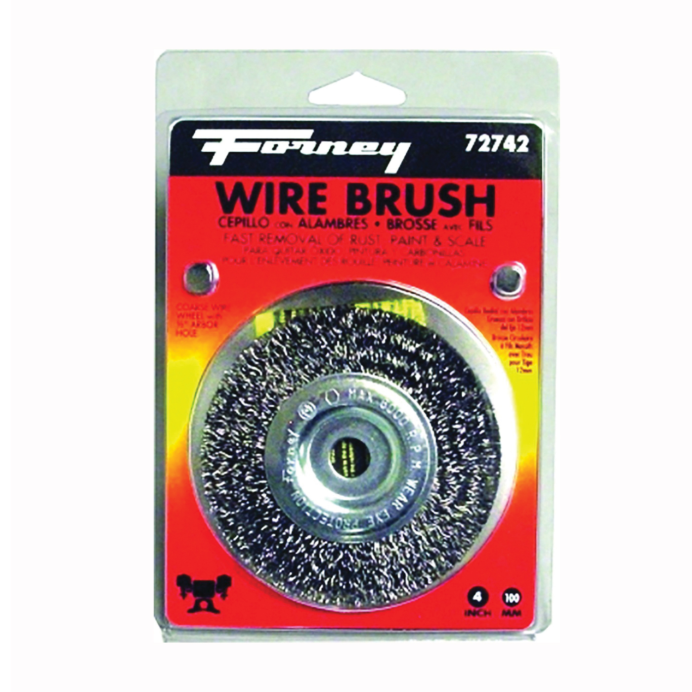 72742 Wire Wheel Brush, 4 in Dia, 1/2 in Arbor/Shank, 0.012 in Dia Bristle