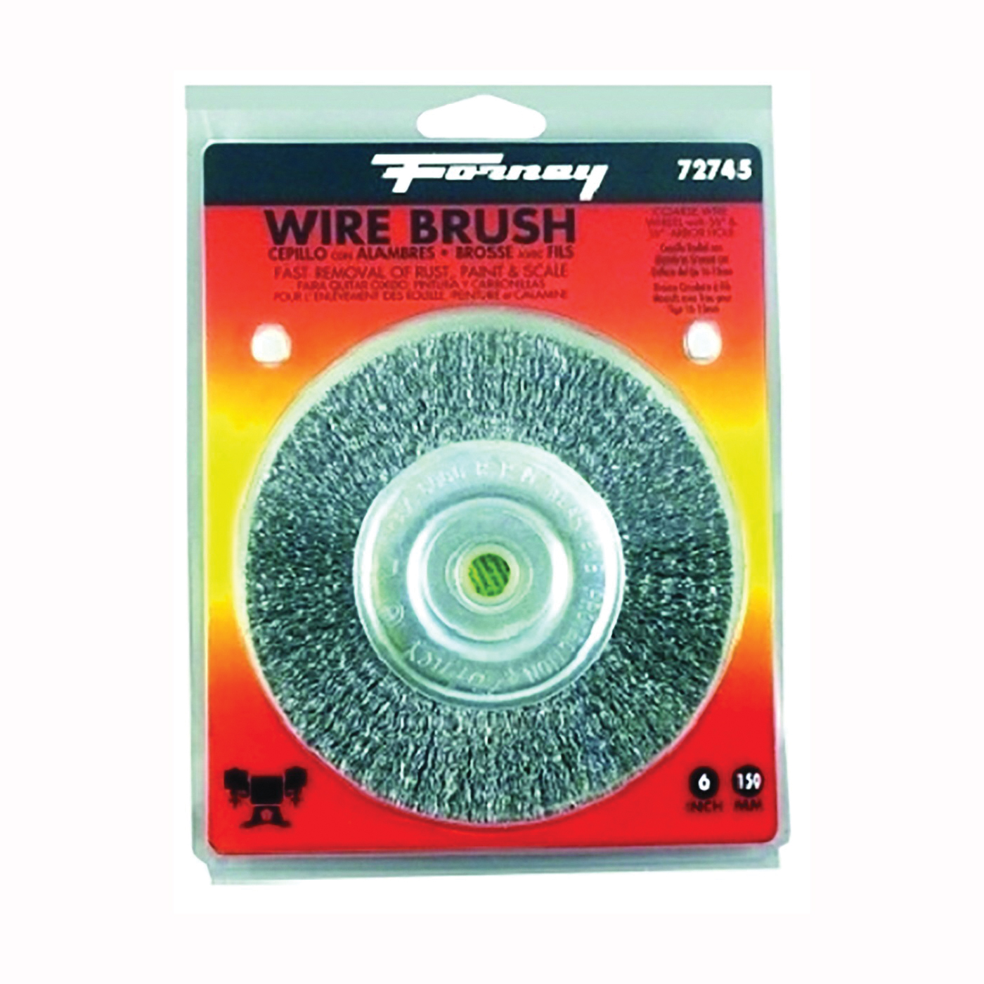 72745 Wire Wheel Brush, 6 in Dia, 1/2 to 5/8 in Arbor/Shank, 0.012 in Dia Bristle