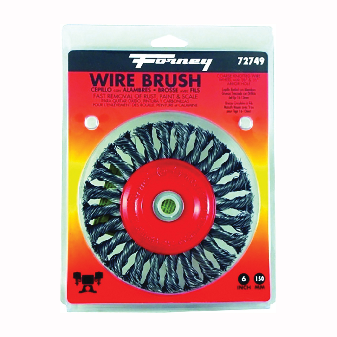 72749 Wire Wheel Brush, 6 in Dia, 1/2 to 5/8 in Arbor/Shank, 0.012 in Dia Bristle