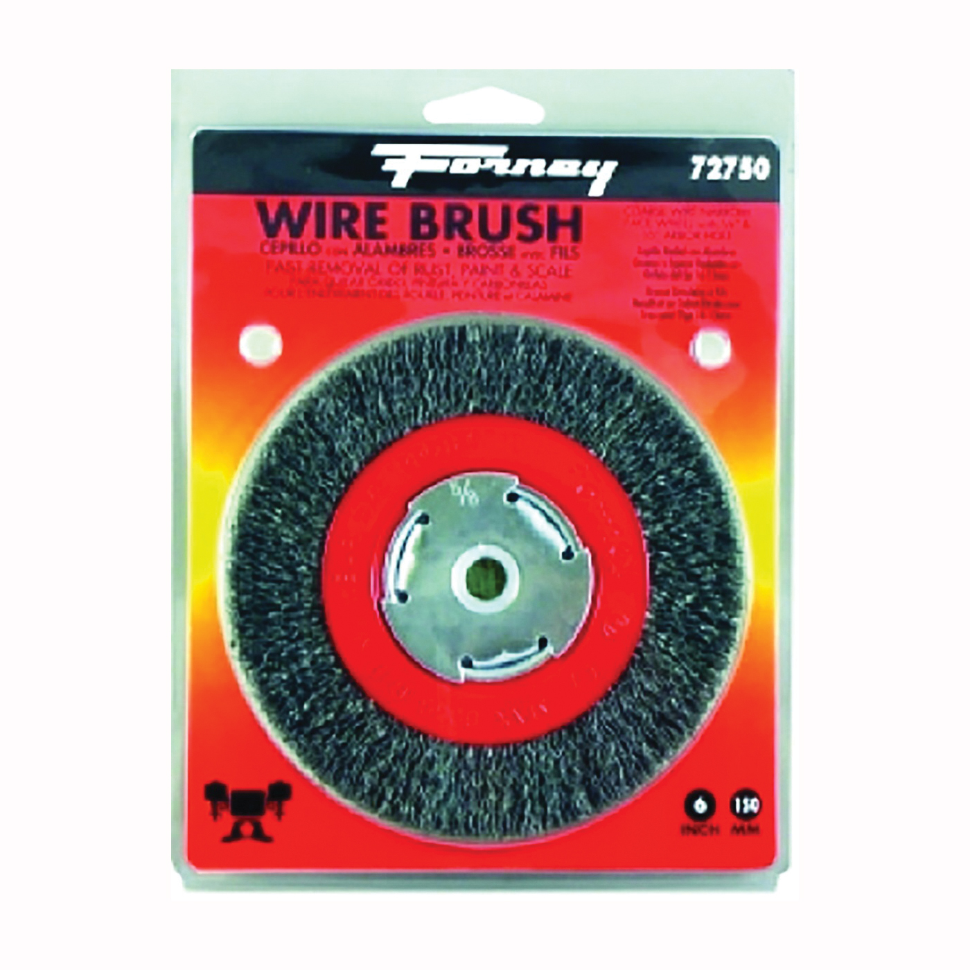 72750 Wire Bench Wheel Brush, 6 in Dia, 1/2 to 5/8 in Arbor/Shank, 0.014 in Dia Bristle