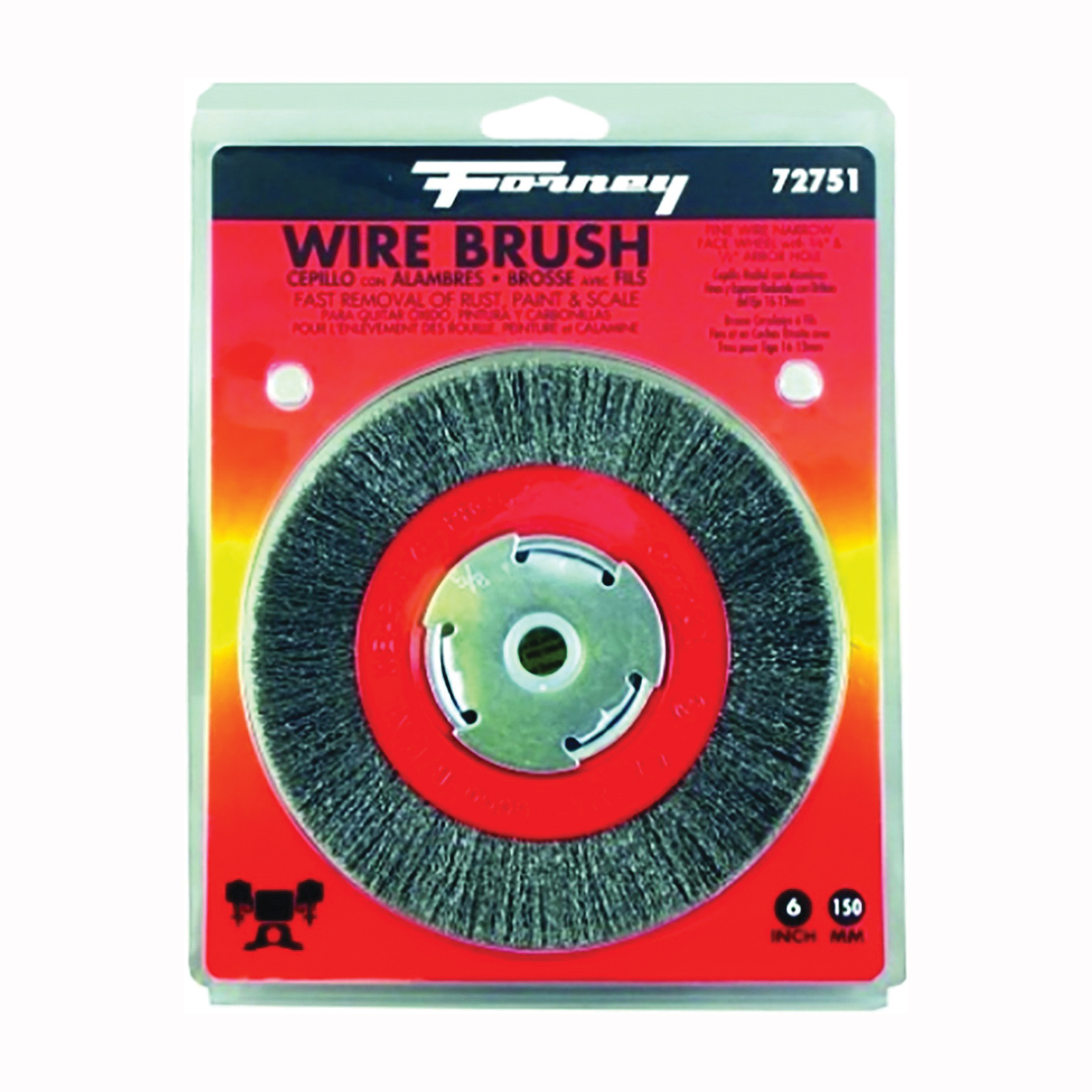 72751 Wire Bench Wheel Brush, 6 in Dia, 1/2 to 5/8 in Arbor/Shank, 0.008 in Dia Bristle