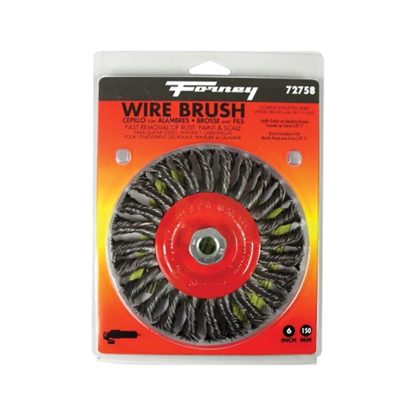 72758 Wire Wheel Brush, 6 in Dia, 5/8-11 Arbor/Shank, 0.02 in Dia Bristle, Carbon Steel Bristle