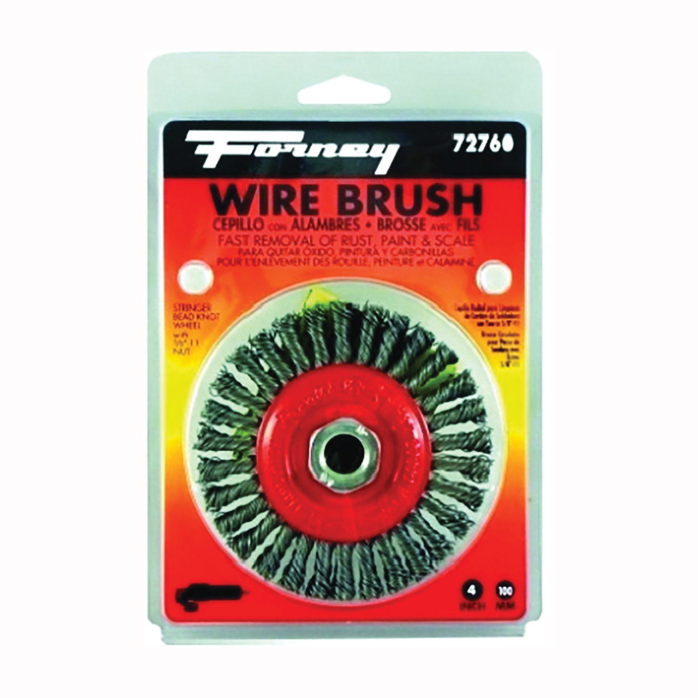 72760 Wire Wheel Brush, 4 in Dia, 5/8-11 Arbor/Shank, 0.02 in Dia Bristle, Carbon Steel Bristle