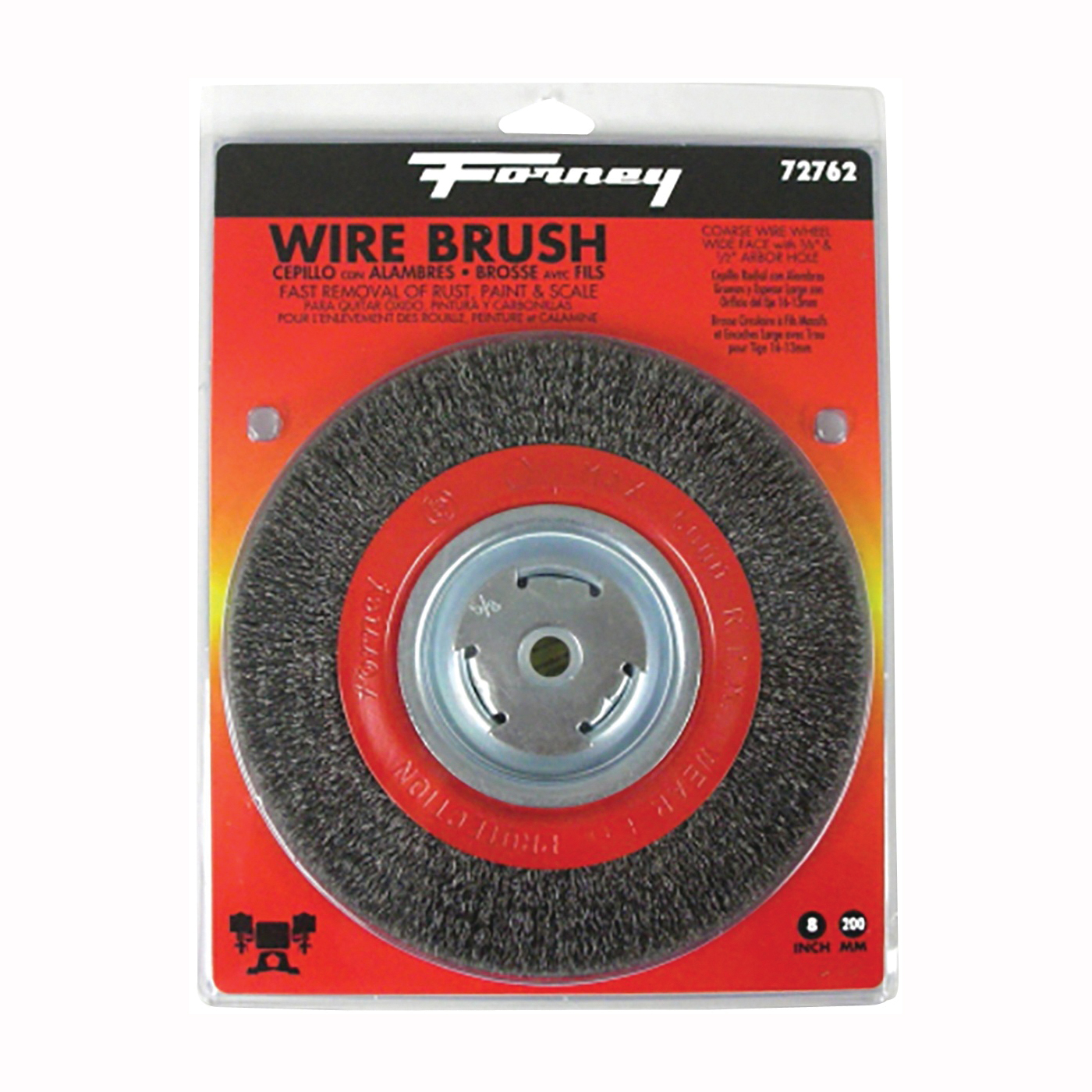 72762 Wire Bench Wheel Brush, 8 in Dia, 1/2 to 5/8 in Arbor/Shank, 0.014 in Dia Bristle