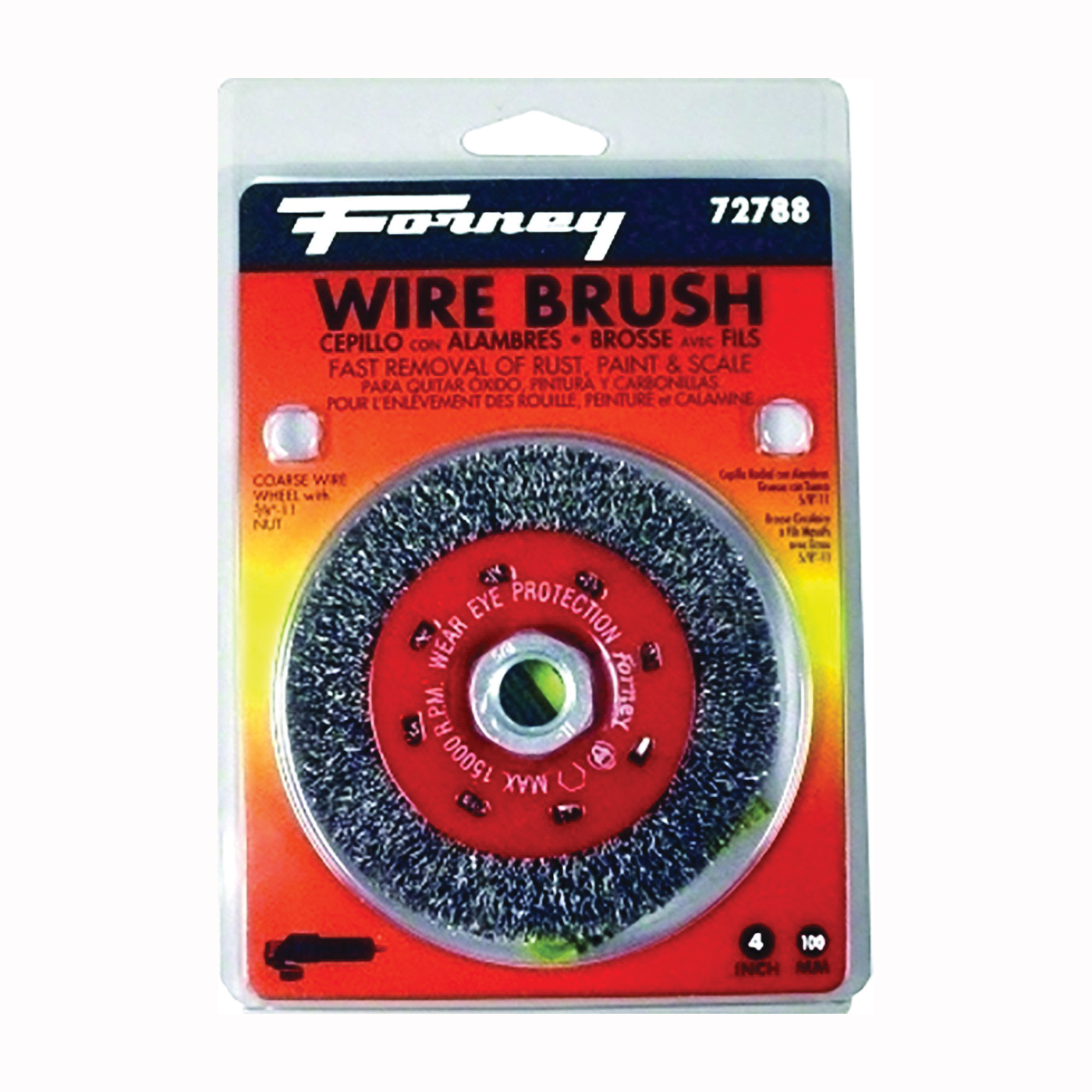 72788 Wire Wheel Brush, 4 in Dia, 5/8-11 Arbor/Shank, 0.012 in Dia Bristle, Carbon Steel Bristle
