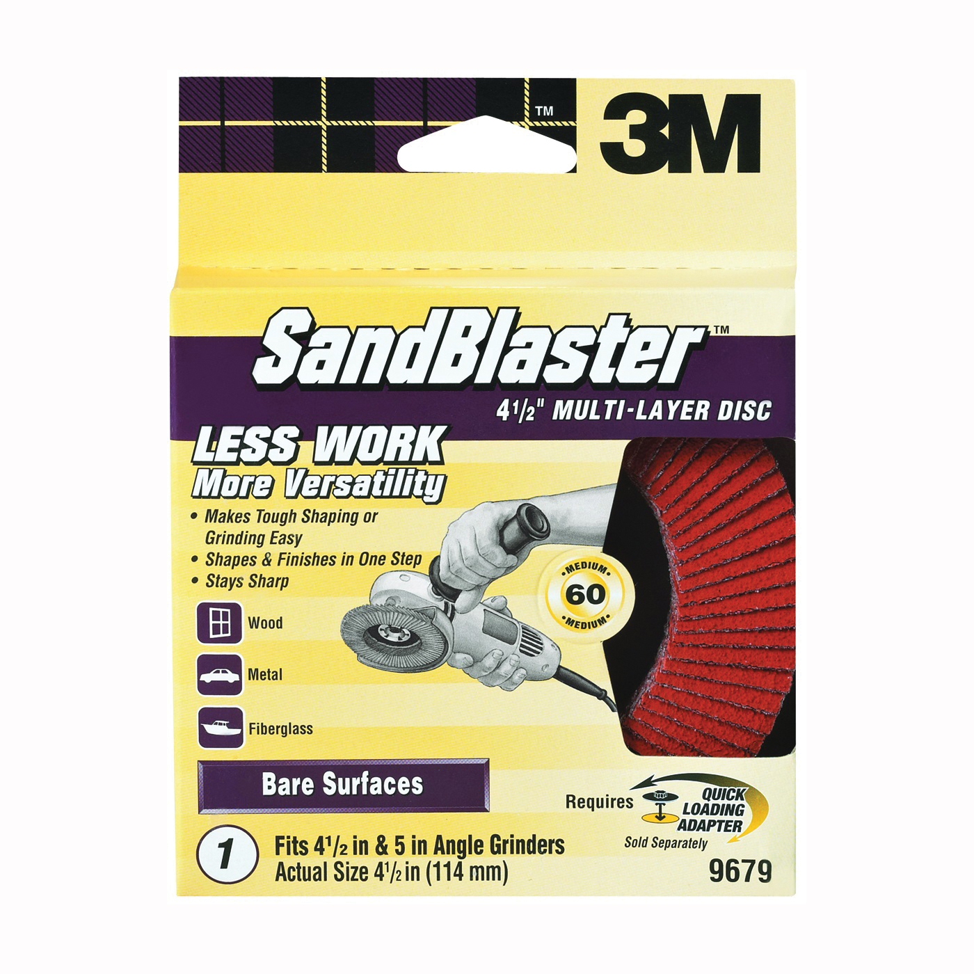 3M SandBlaster 9679 Grinding Disc, 4-1/2 in Dia, 60 Grit, Medium, Cubitron Mineral Abrasive