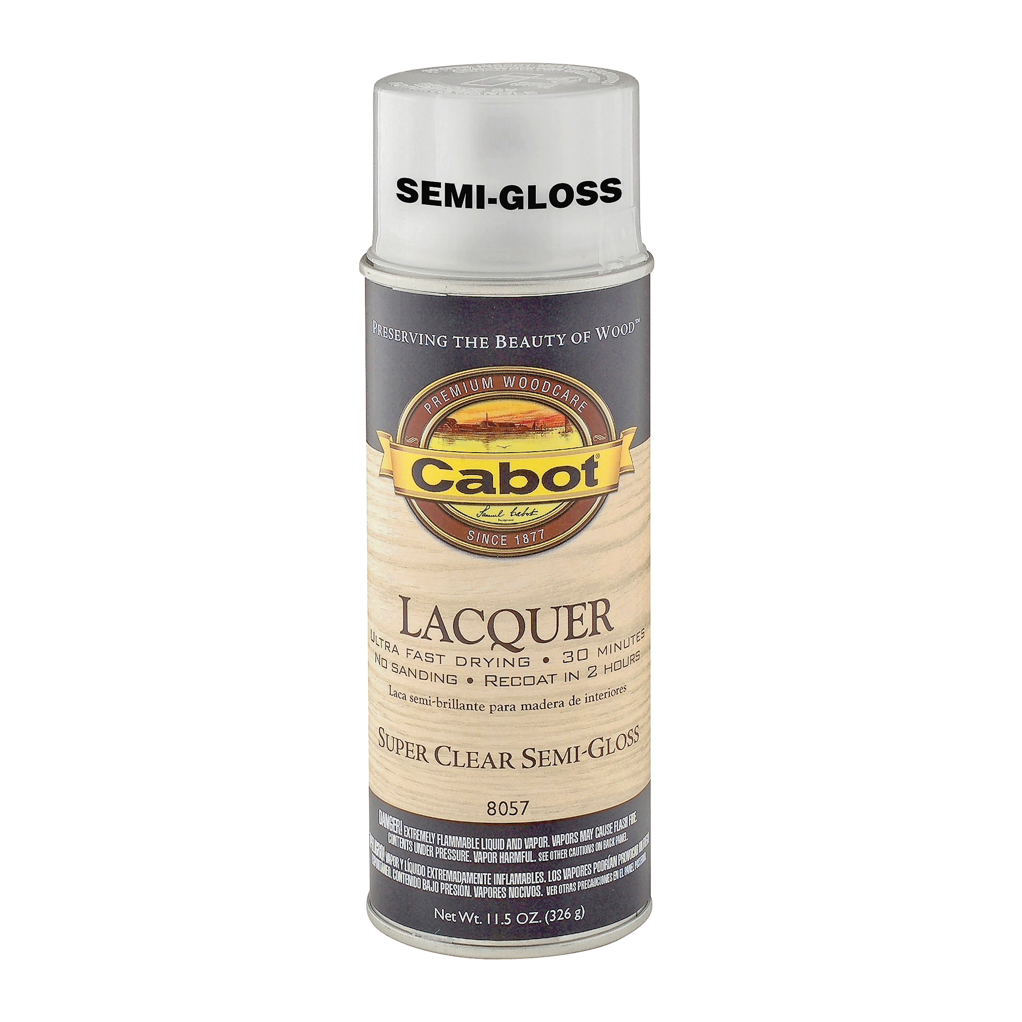 Cabot 8057 Lacquer Spray Paint, Semi-Gloss, Liquid, Clear, 11.5 oz, Aerosol Can