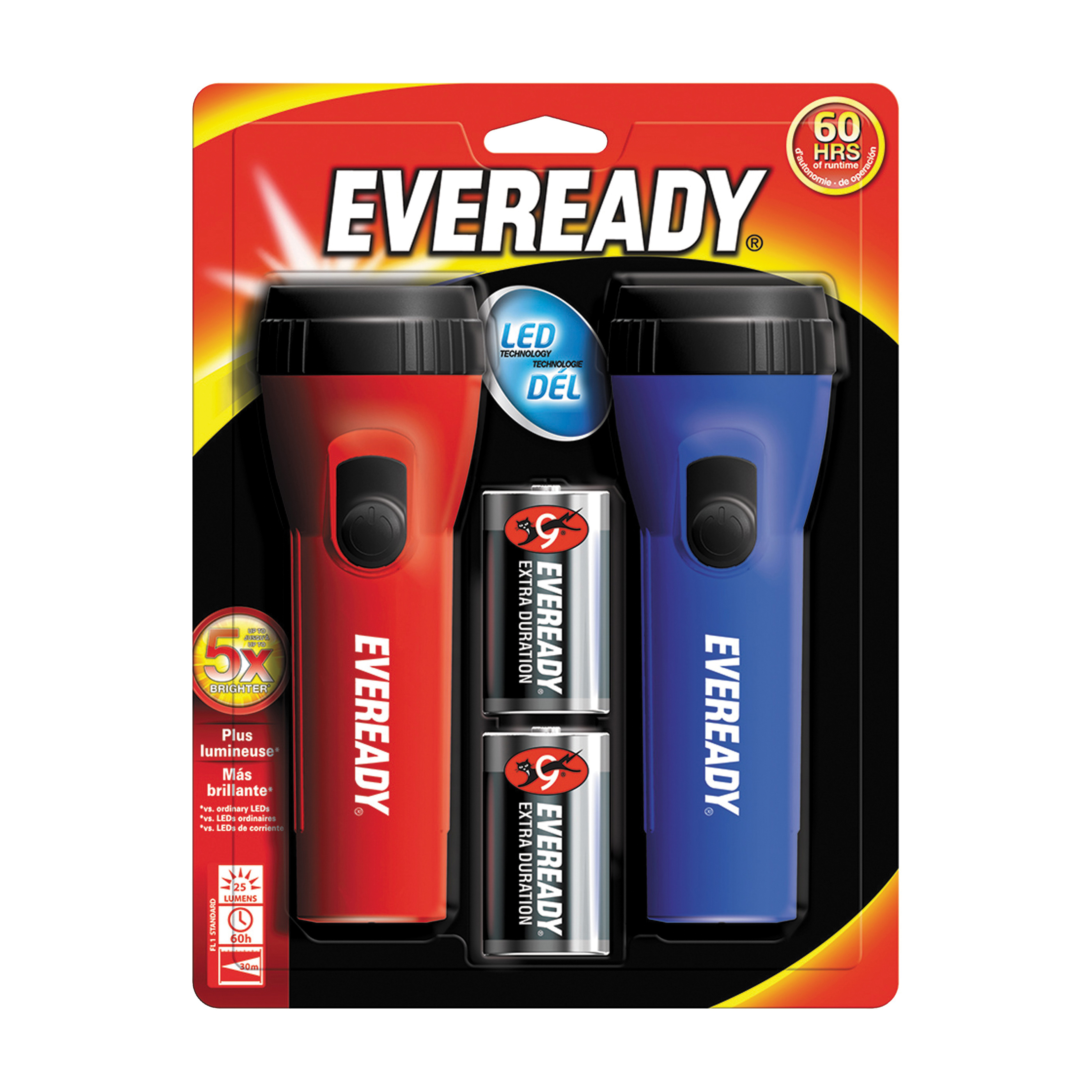 EVEL152S Flashlight, D Battery, Carbon Zinc Battery, LED Lamp, 9 Lumens, 57 m Beam Distance, 50 hr Run Time