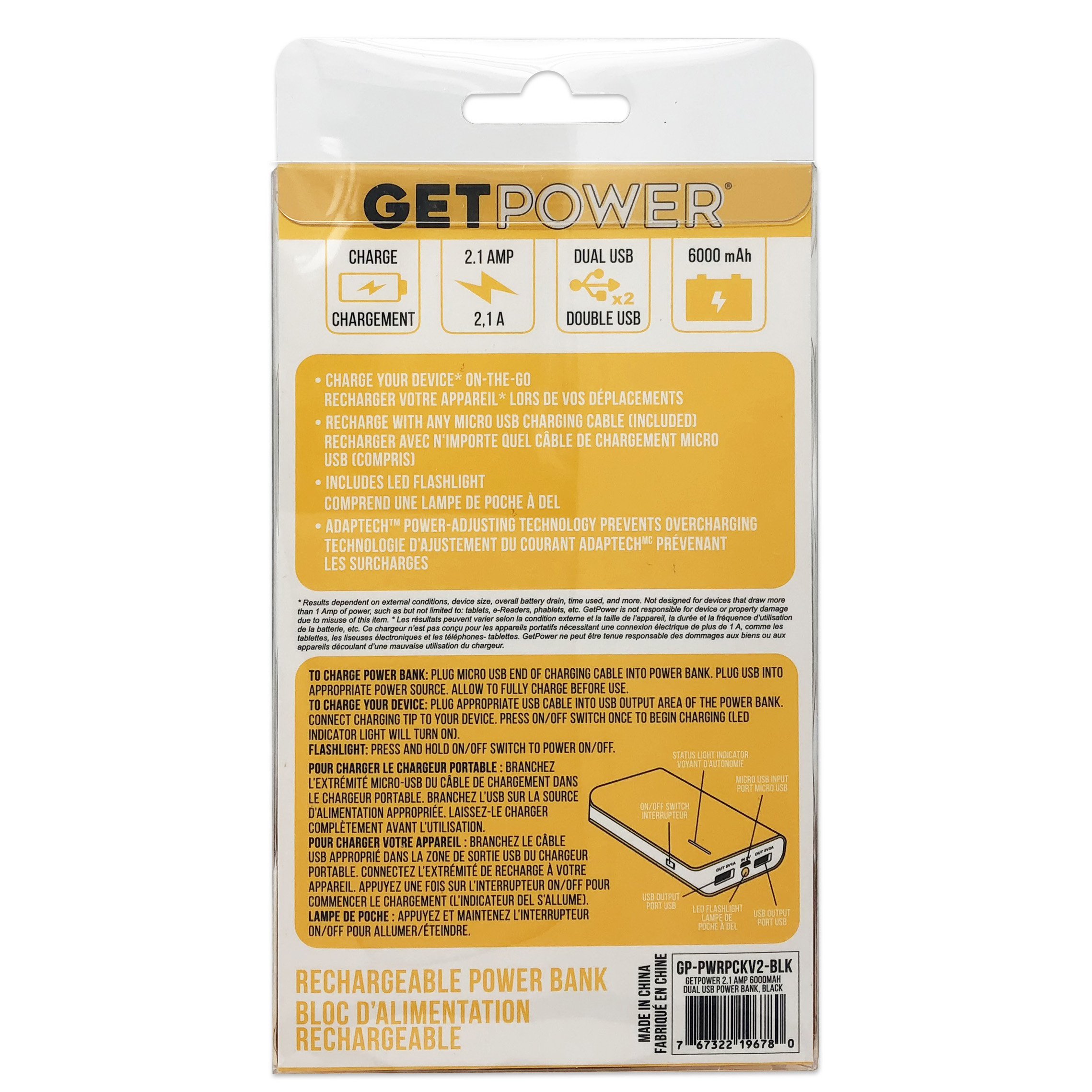 GetPower GP-PWRPCKV2-BLK Power Bank, 2.1 A Charge, Black - 2