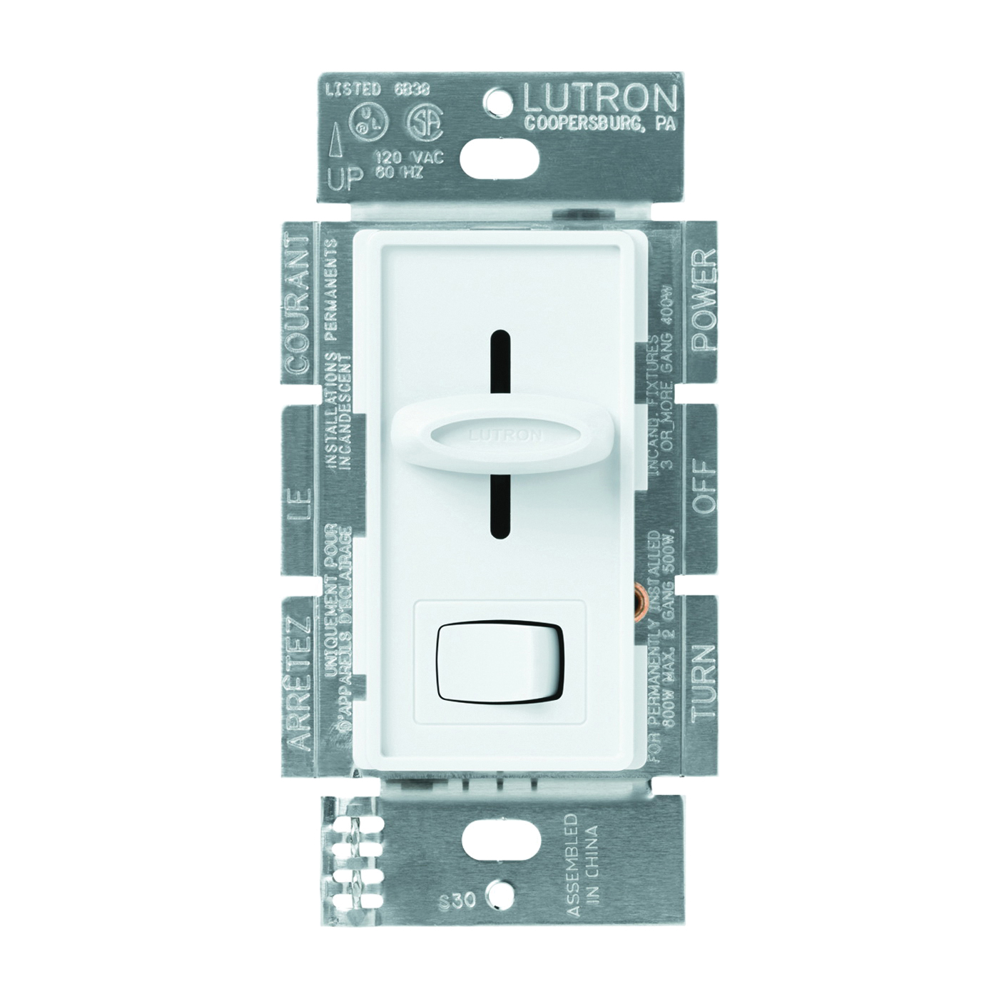 Lutron Skylark S-603PGH-WH Dimmer, 5 A, 120 V, 600 W, Halogen, Incandescent Lamp, White, 3-Way