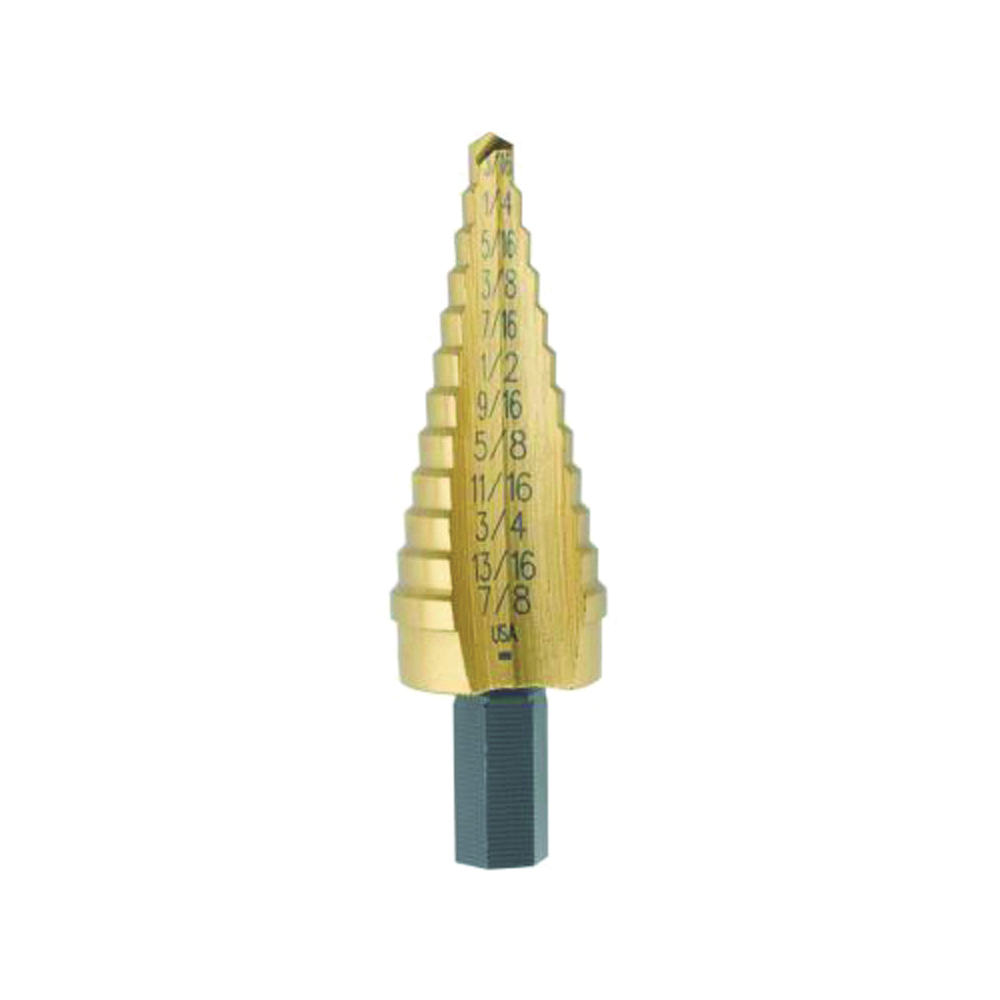 Unibit 15104 Step Drill Bit, 3/16 to 7/8 in Dia, 3 in OAL, Tree Flute, 1-Flute, 3/8 in Dia Shank, Round Shank