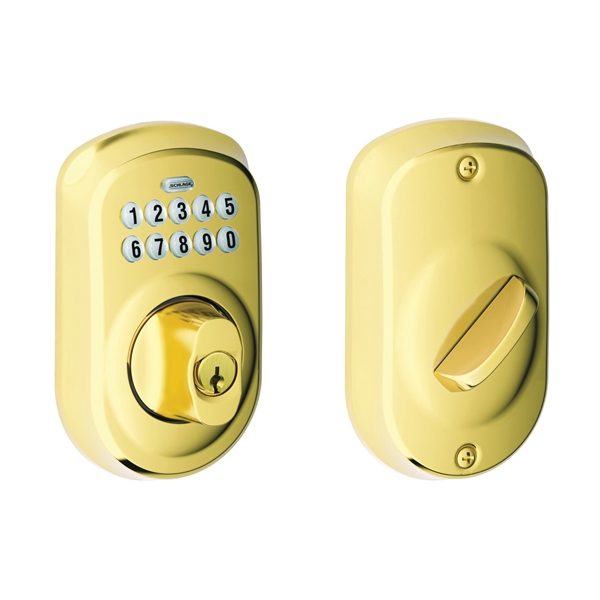 BE365 PLY 505 Electronic Deadbolt, Bright Brass, Residential, 1 Grade, Metal, Thumbturn Interior Handle