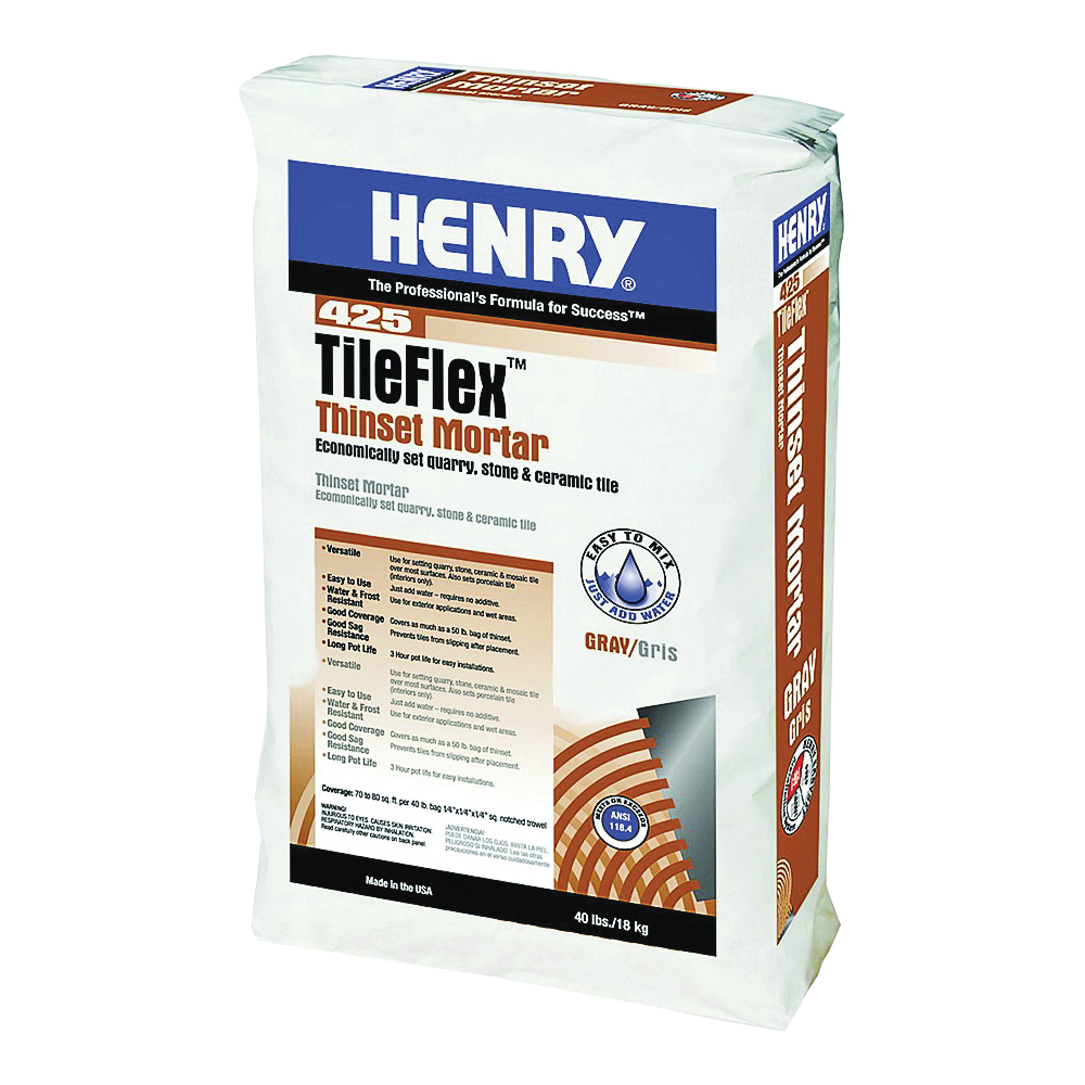 425 TileFlex Series 12260 Thin-Set Mortar, Gray, Fine Solid Powder, 40 lb, Bag