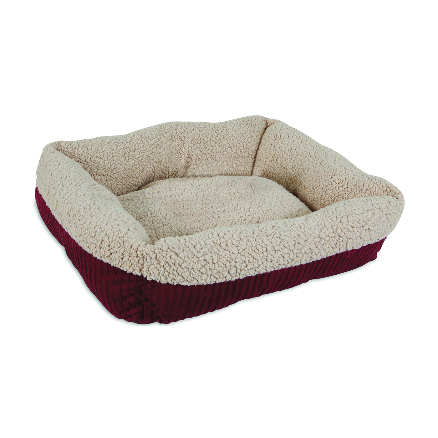 80135 Pet Lounger, 19-1/2 in L, 19-1/2 in W, Oval, Lambs Wool/Corduroy Cover, Cream/Red