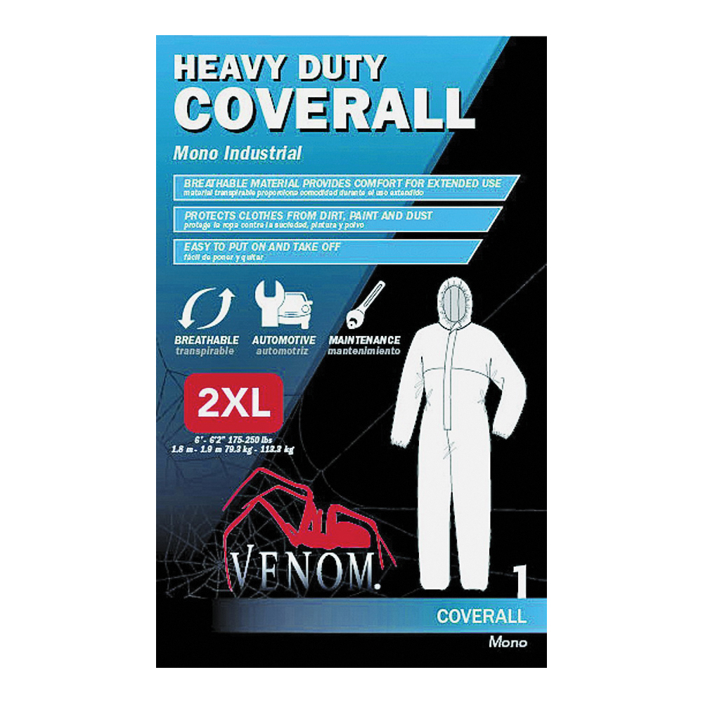 VENCV300XXL Coveralls with Hood, 2XL, Unisex, Zipper, Fabric, White