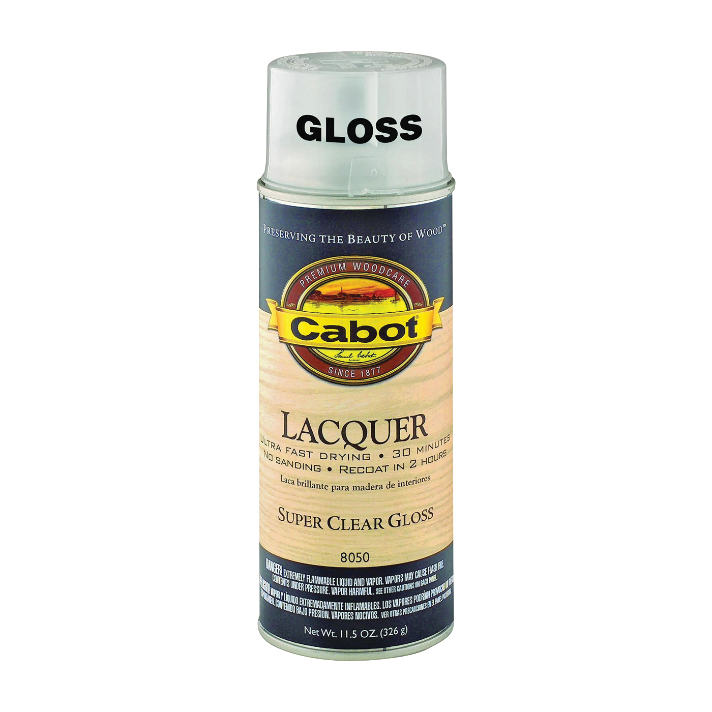 Cabot 8050 Lacquer Spray Paint, Gloss, Liquid, Clear, 11.5 oz, Aerosol Can
