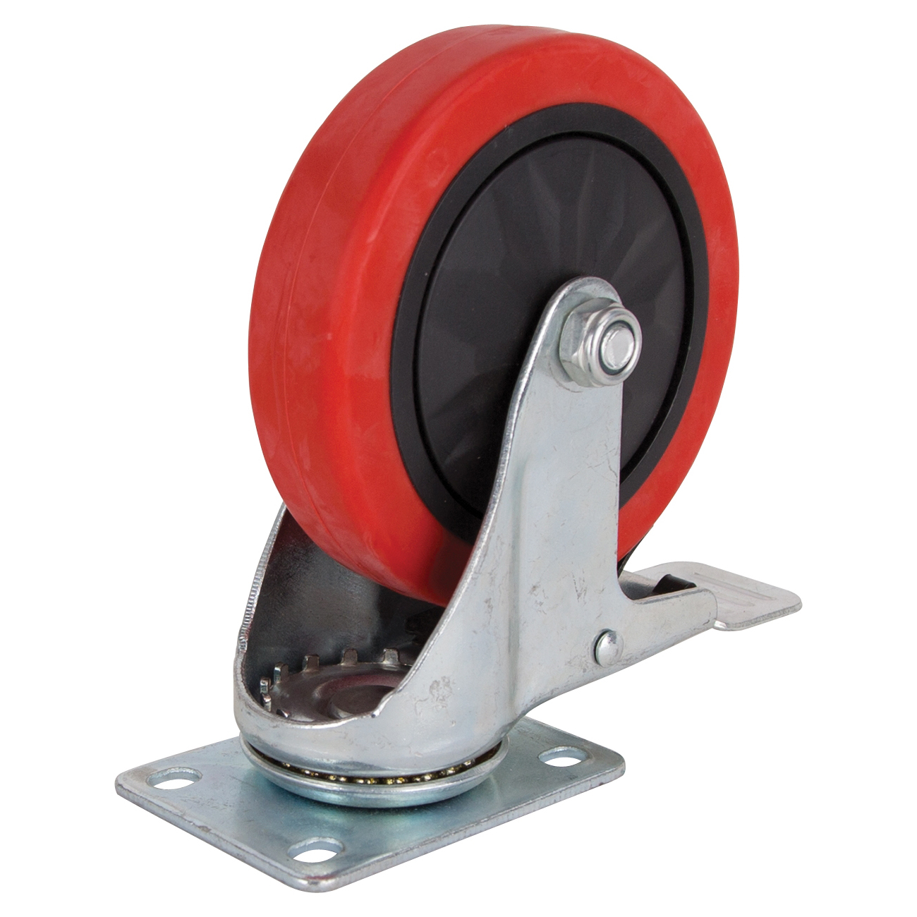 JC-388-G Swivel Caster with Brake, 5 in Dia Wheel, 30 mm W Wheel, PU Wheel, Red, 275 lb