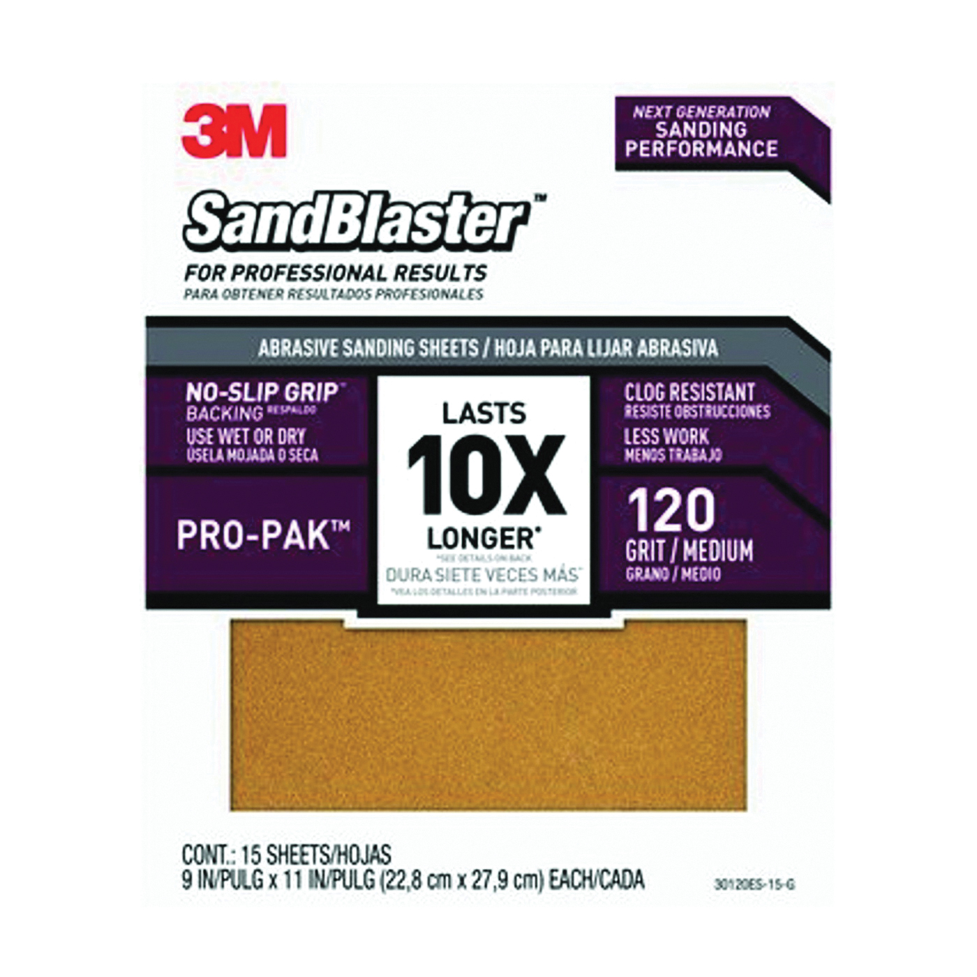 SandBlaster Series 30120ES-15-G Sandpaper, 11 in L, 9 in W, 120 Grit, Medium, Aluminum Oxide Abrasive