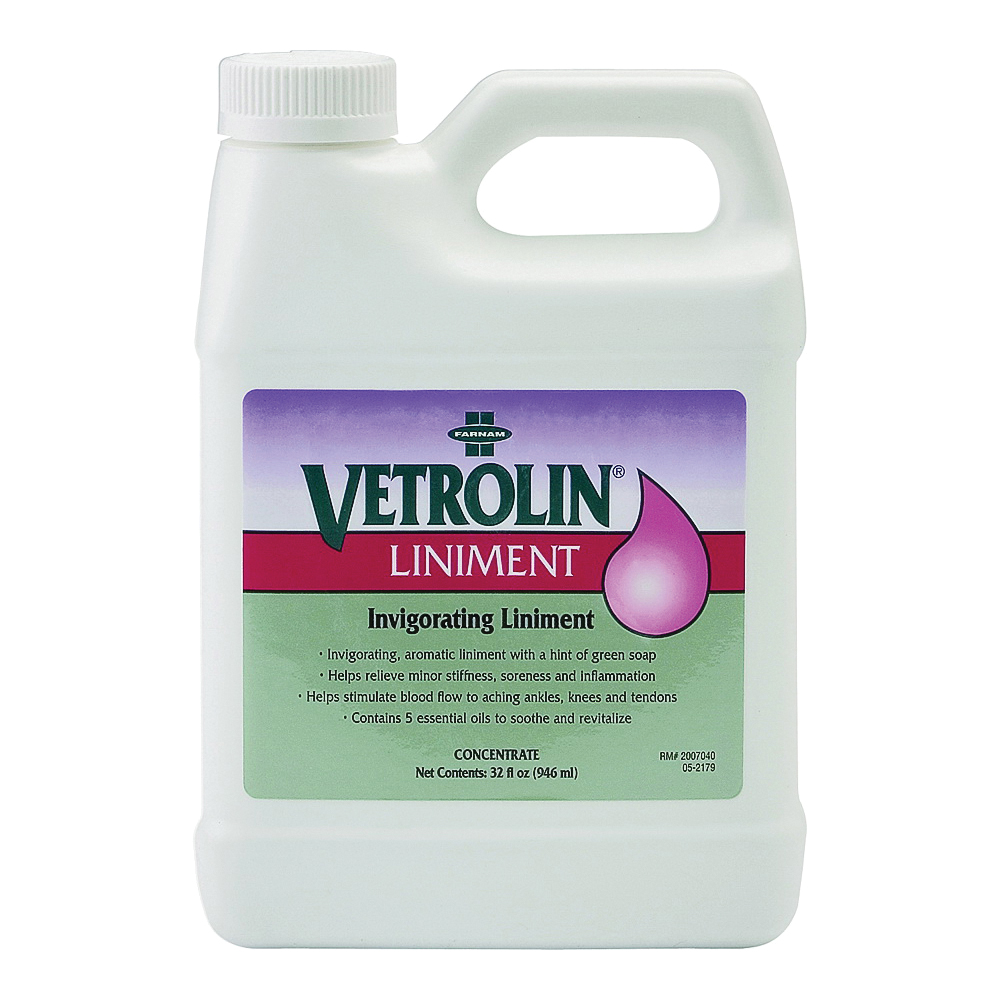 Farnam Vetrolin 80192 Invigorating Liniment, Liquid, Transparent Green, Alcoholic Aroma, 32 oz