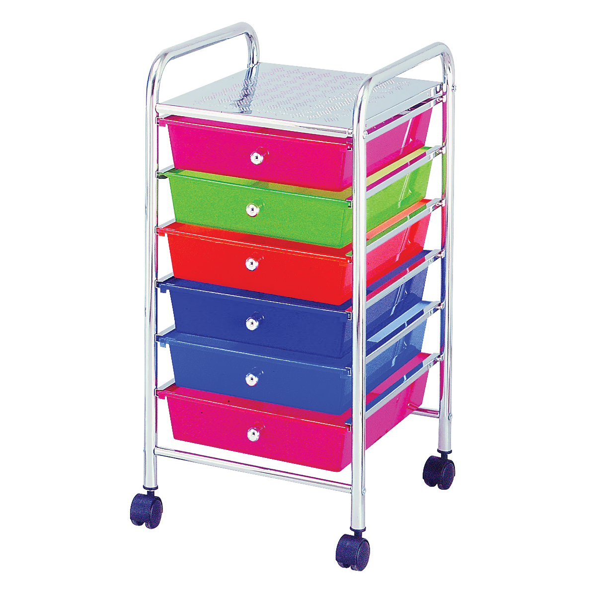 G006-CH Storage Cart, 13 in OAW, 26 in OAH, 15-3/8 in OAL, 6-Shelf, Blue/Green/Orange/Pink Shelf