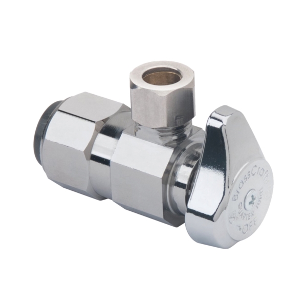 G2PS19X CD Stop Valve, 1/2 x 3/8 in Connection, Push-Connect x Compression, 125 psi Pressure, Brass Body