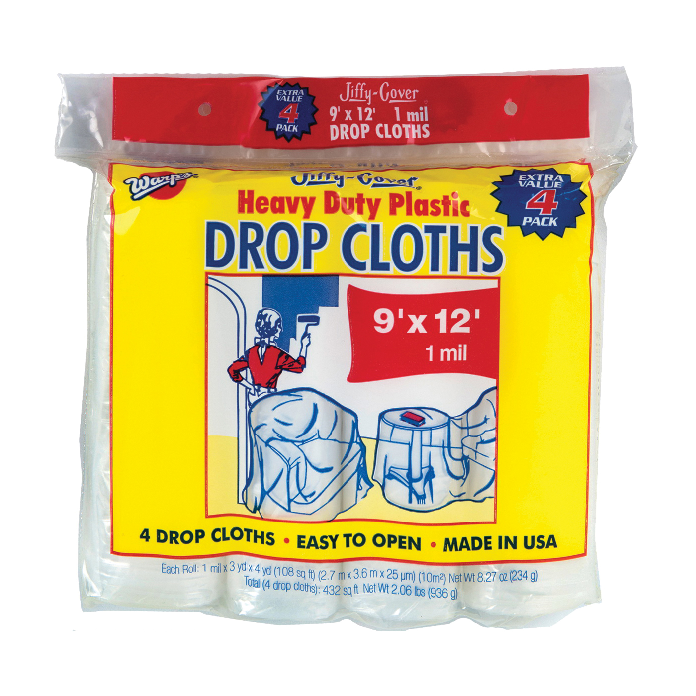 Warp's JC-9124 Drop Cloth, 1 mil Thick, 12 ft L, 9 ft W, Plastic