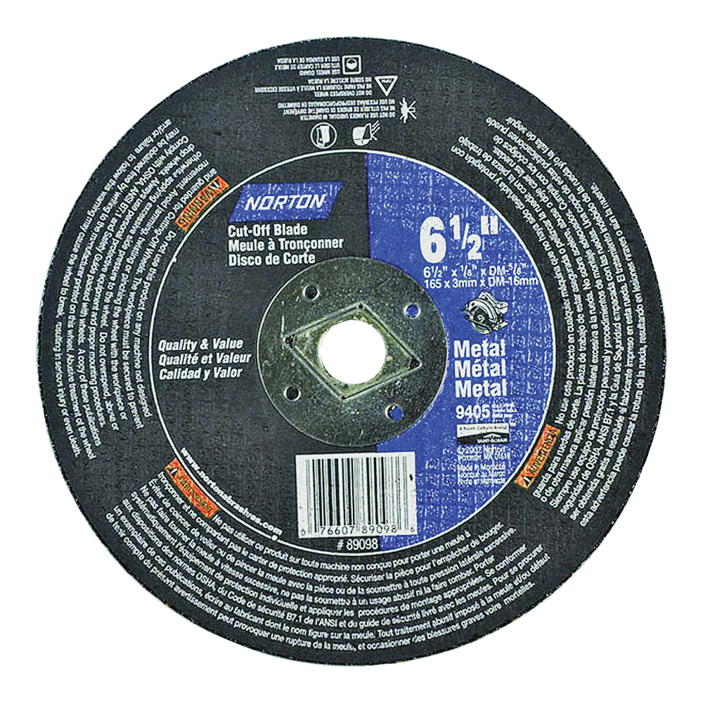 Norton 07660789098 Circular Cut-Off Wheel, 6-1/2 in Dia, 1/8 in Thick, 5/8 in Arbor, Aluminum Oxide Abrasive